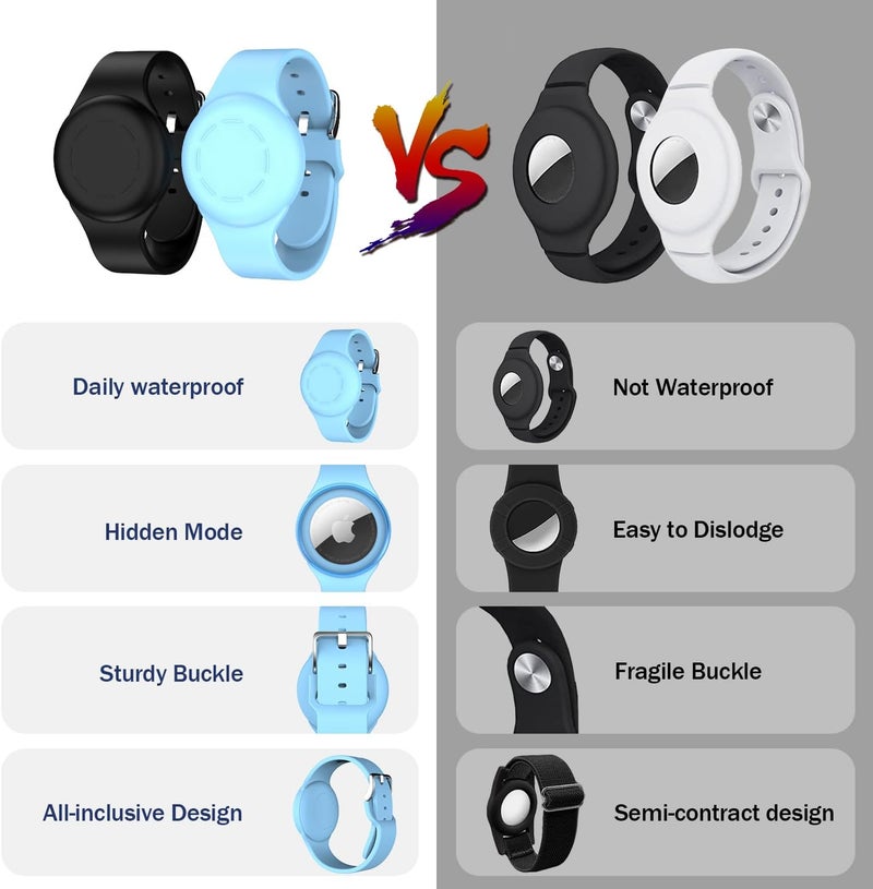 R-fun Portable Electronic Device Cover for Kids, Waterproof Airtag Bracelets [2 Pack] - Soft Silicone, Anti-Lost GPS Item Finders Case Cover, Black/Glow Blue - Image 2